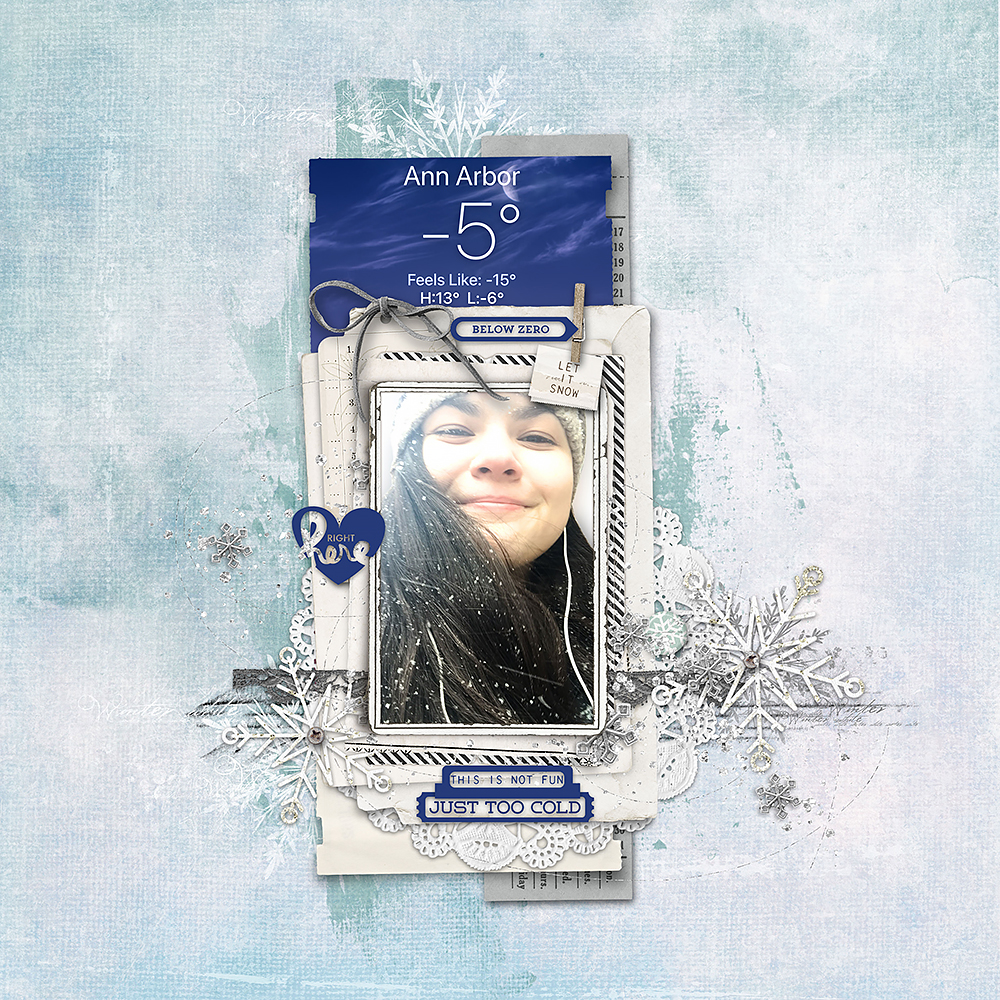 Katie Pertiet Designs scrapbook page about cold weather